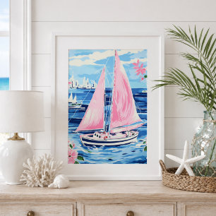 Affiche Aquarelle Bateau à voile rose coloré bleu côtier