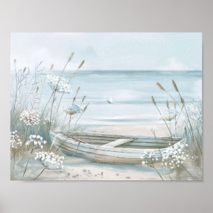 Affiche aquarelle bateau blanc sur la plage