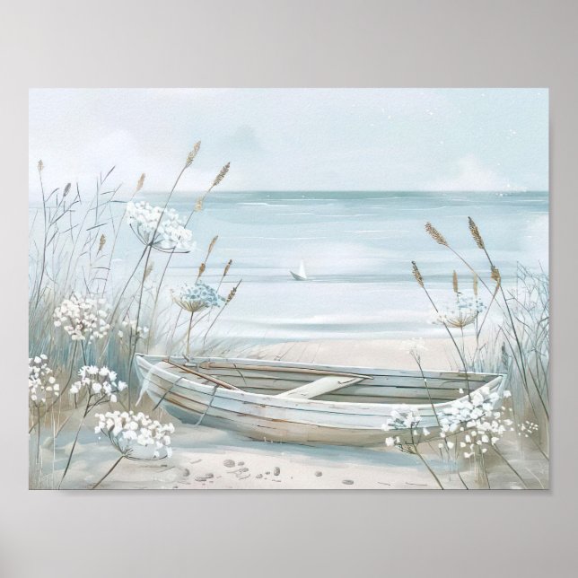 Affiche aquarelle bateau blanc sur la plage (Devant)