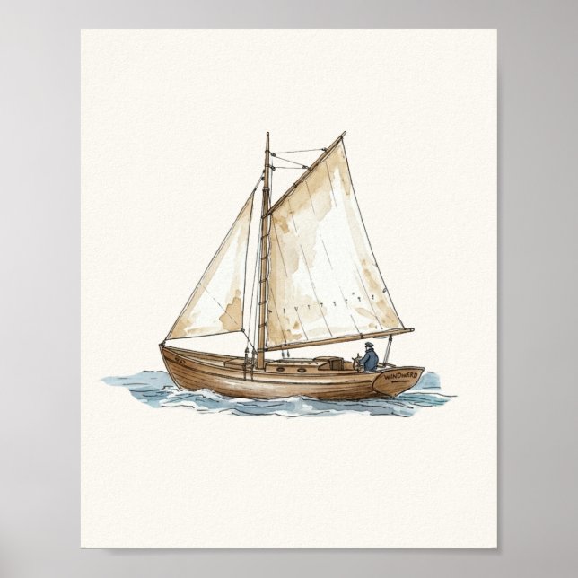 Affiche Aquarelle Bateau Nautique Vintage (Devant)