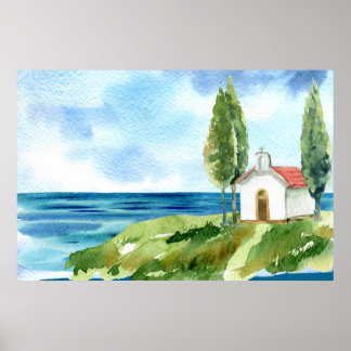 Affiche Aquarelle Beach Coastal Ocean Church