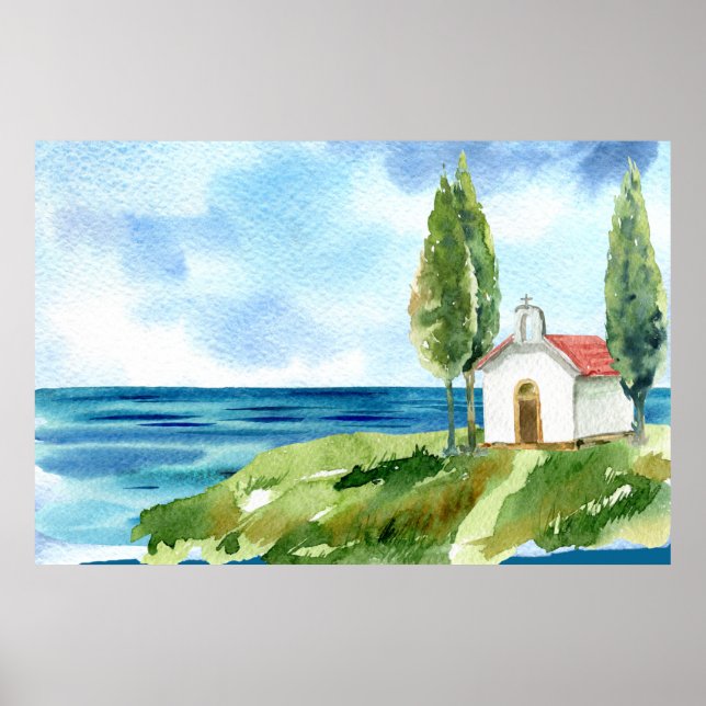 Affiche Aquarelle Beach Coastal Ocean Church (Devant)