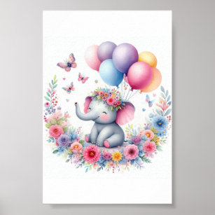 Affiche Aquarelle Bébé Eléphant Avec Ballons Et Fleurs