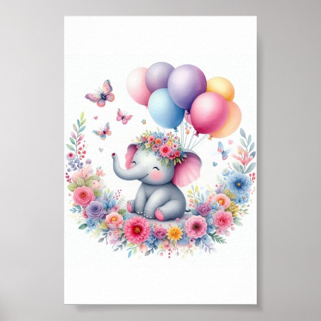 Affiche Aquarelle Bébé Eléphant Avec Ballons Et Fleurs (Devant)