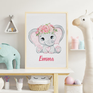 Affiche Aquarelle Bébé Eléphant rose Floral Girl Nursery
