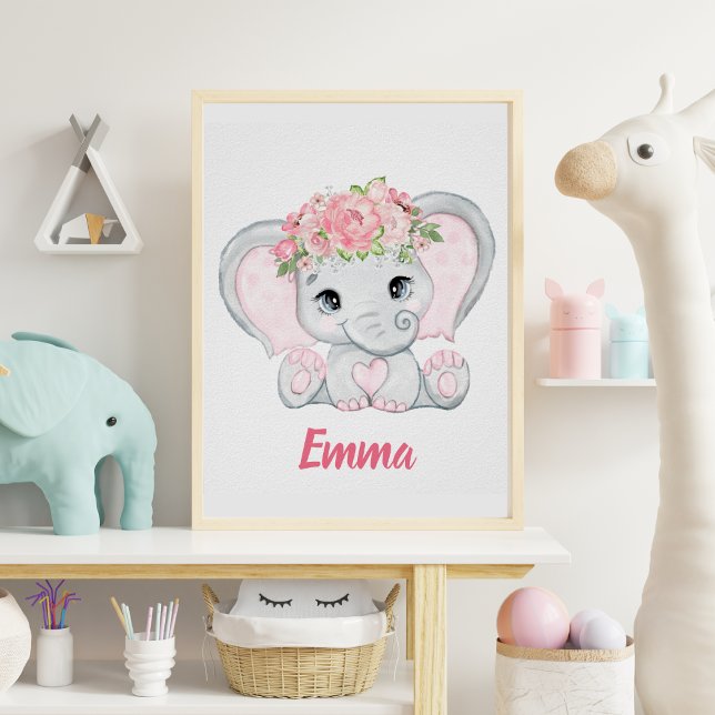 Affiche Aquarelle Bébé Eléphant rose Floral Girl Nursery (Créateur téléchargé)