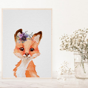 Affiche Aquarelle Bébé Fox Cub Nourriture Décor Enfant Flo