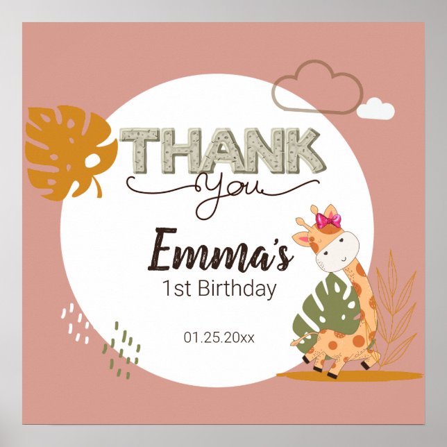 Affiche Aquarelle bébé Giraffe, Safari Animaux Anniversair (Devant)