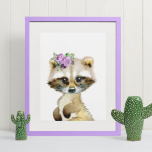 Affiche Aquarelle Bébé Raton Laveur Chambre Enfant Florale