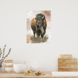 Affiche Aquarelle Bison Buffalo Cottagecore Russe Imprimer