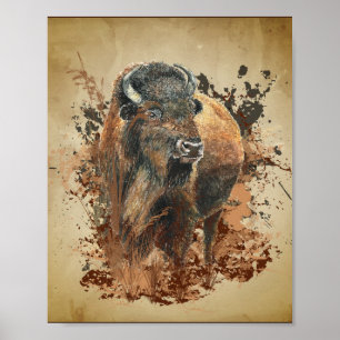 Affiche Aquarelle Bison Buffle Animaux Nature