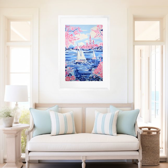 Affiche Aquarelle Blanc Bateaux à voile Bleu Eaux Rose Flo (Créateur téléchargé)