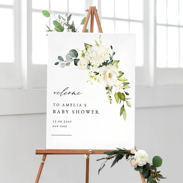 Affiche Aquarelle Blanc Hydrangea et Baby shower Rose (Créateur téléchargé)