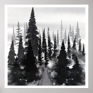 Affiche Aquarelle blanche noire Forêt de Foggy