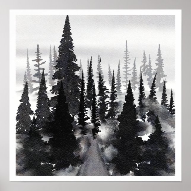 Affiche Aquarelle blanche noire Forêt de Foggy (Devant)