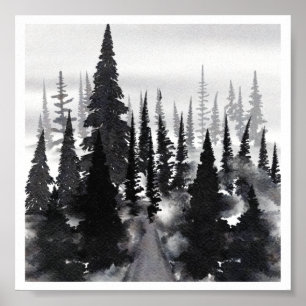 Affiche Aquarelle blanche noire Forêt de Foggy