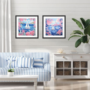 Affiche Aquarelle Blancs Bleu rose Carré Floral