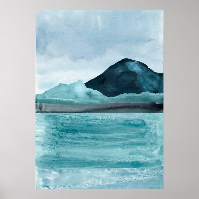 Affiche Aquarelle bleu abstrait paysage de lac Art moderne (Devant)