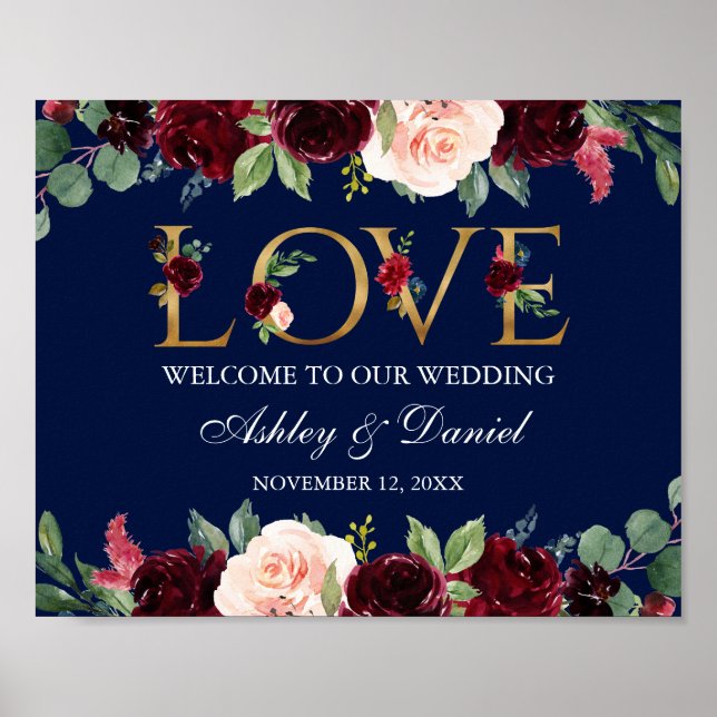 Affiche Aquarelle Bleu Bourgogne Floral Amour Mariage Or (Devant)