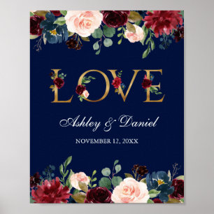Affiche Aquarelle Bleu Bourgogne Floral Gold Mariage