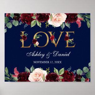 Affiche Aquarelle Bleu Bourgogne Floral Love Mariage Or