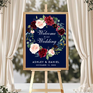Affiche Aquarelle Bleu Bourgogne Floral Mariage Bienvenue