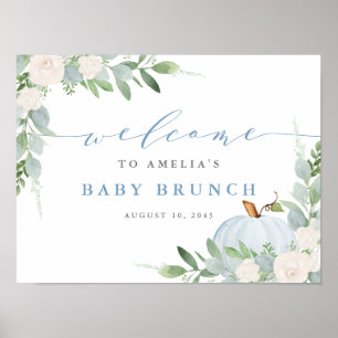 Affiche Aquarelle Bleu Citrouille Automne Bébé Brunch Bien