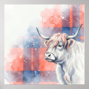 Affiche aquarelle bleu corail à tartan de vache hi