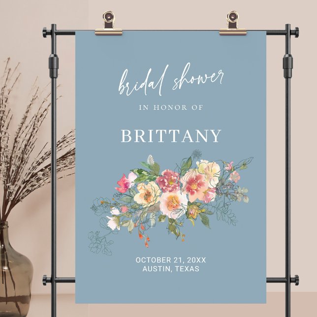Affiche Aquarelle bleu Dusty Fête des mariées Florale Bien (Dusty Blue Watercolor Floral Bridal Shower Welcome Poster )