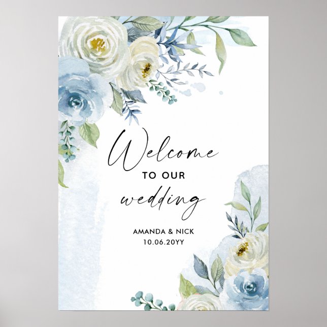 Affiche Aquarelle bleu et blanc Mariage Floral Bienvenue (Devant)