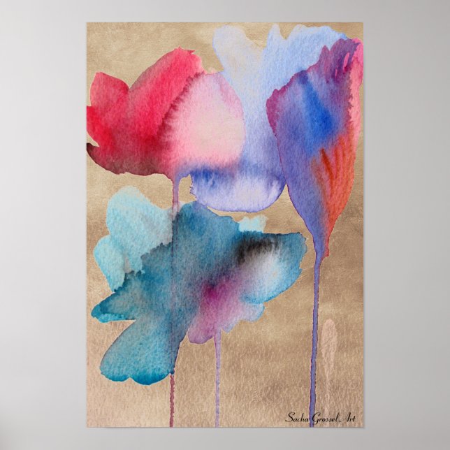 Affiche Aquarelle bleu fleurs moderne floral sur taupe (Devant)