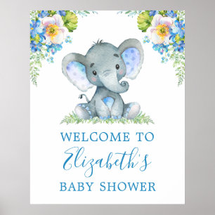 Affiche Aquarelle Bleu Floral Baby Elephant Baby shower