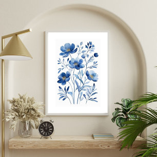 Affiche Aquarelle bleu français Fleurs florales Botaniques