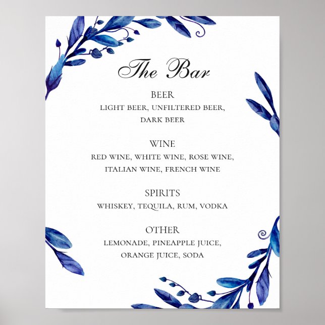 Affiche Aquarelle bleu marine mariage alcool bar (Devant)