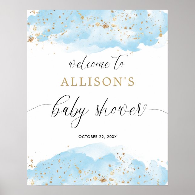Affiche Aquarelle bleu or garçon baby shower signe de bien (Devant)