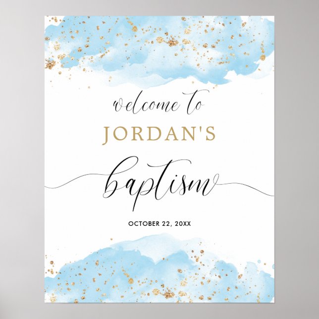 Affiche Aquarelle bleu or garçon baptême signe de bienvenu (Devant)