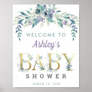 Affiche Aquarelle Bleu pourpre fleurs accueil Baby shower