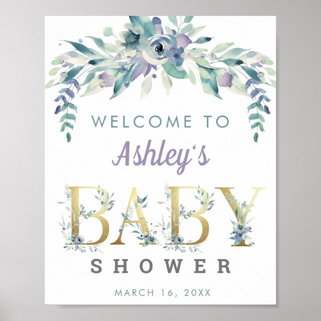 Affiche Aquarelle Bleu pourpre fleurs accueil Baby shower (Devant)