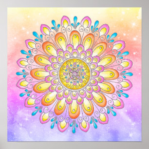 Affiche Aquarelle bleu rose orange Mandala
