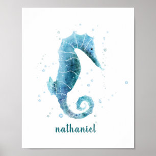 Affiche Aquarelle bleu Seahorse Nautiste Nommé