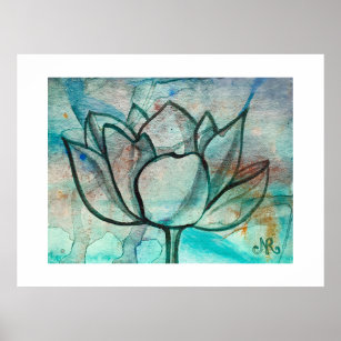 Affiche Aquarelle bleu turquoise Fleur élégant Artsy Lotus