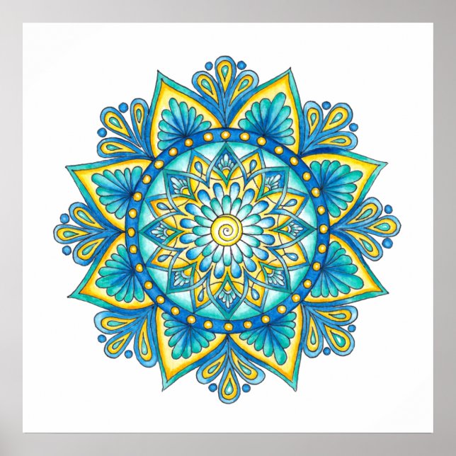 Affiche Aquarelle bleu turquoise Mandala (Devant)