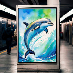 Affiche Aquarelle bleu vert Jeu Dauphin dans l'eau