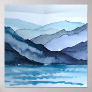 Affiche Aquarelle bleue Abstraite Paysage Montagnes Océan