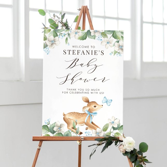 Affiche Aquarelle bleue Baby shower de bois de cerf de béb (Créateur téléchargé)