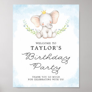 Affiche Aquarelle Bleue Bébé Éléphant Accueil d'anniversai