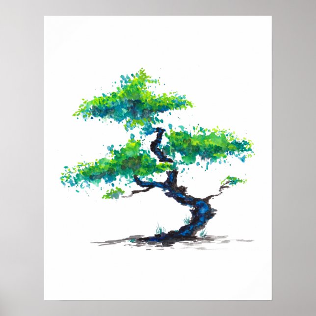 Affiche Aquarelle bleue Bonsai (Devant)