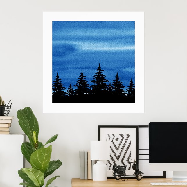 Affiche Aquarelle bleue Ciel & Arbres Silhouette (Bureau à domicile)