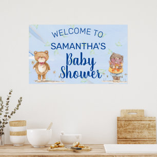 Affiche Aquarelle Bleue Douce Baby shower de garçon ours e