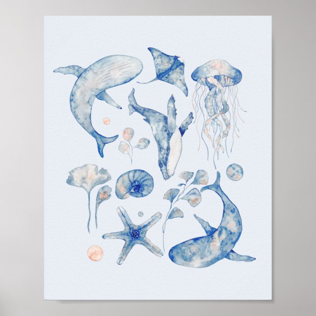 Affiche Aquarelle bleue et rose Poisson Océan Thème (Devant)
